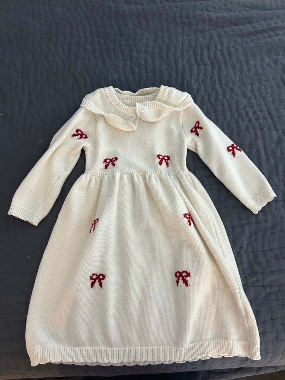 SHEIN Cream Knit Dress with Red Bow Accents